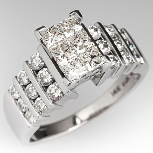 Tiered Three Row Diamond Cluster Ring 14K White Gold