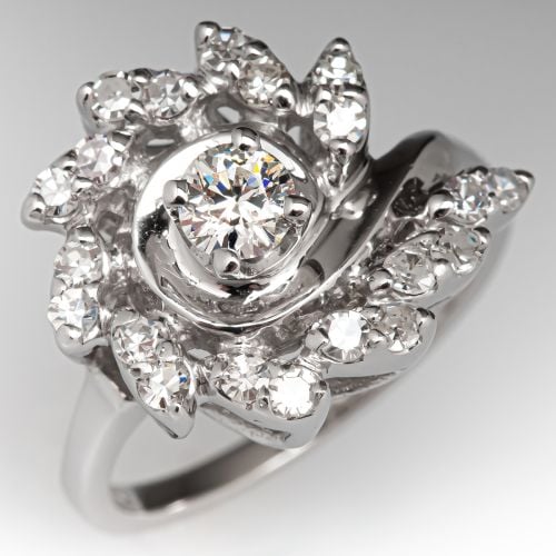 Vintage Swirl Design Diamond Ring 18K White Gold