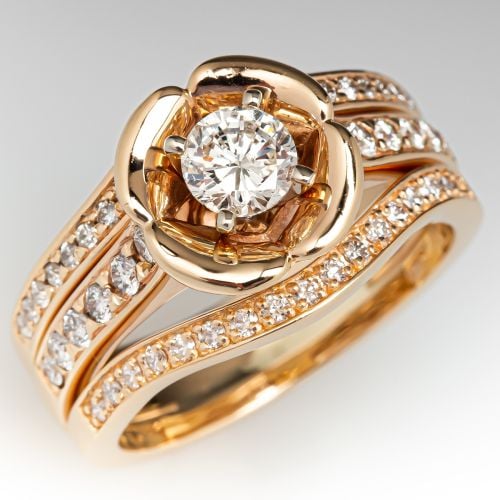 Three Ring Diamond Engagement Ring Wedding Set 14K Yellow Gold