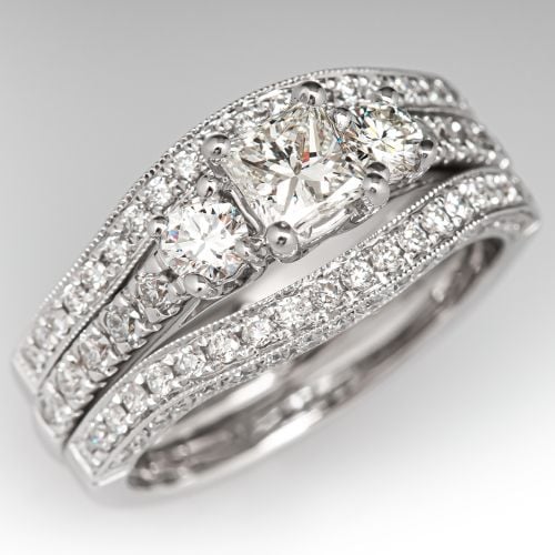 Princess Cut Diamond Three Stone Ring Fused Bridal Set 14K White Gold