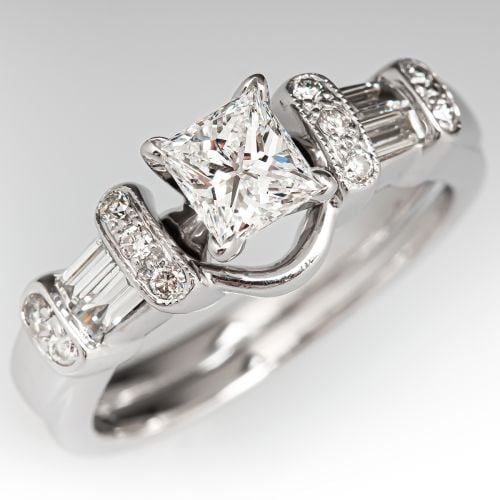 Princess Cut Diamond Engagement Ring w/ Fused Ring Guard 18K White Gold .53ct D/VS2