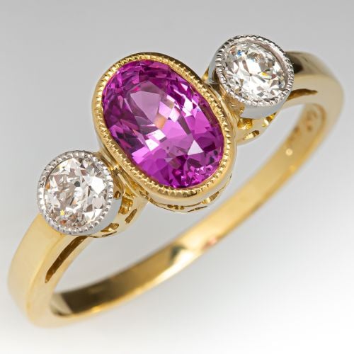 Lovely Bezel Set Pink Sapphire & Diamond Ring 18K Yellow Gold