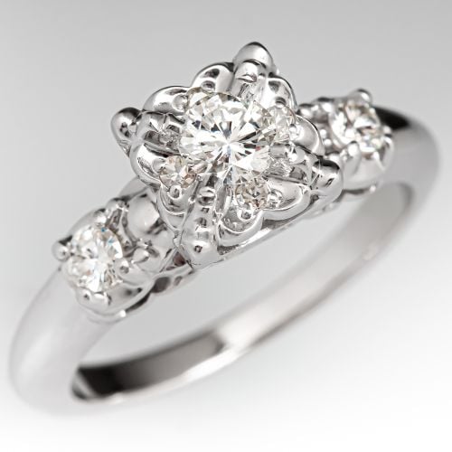 Vintage Diamond Engagement Ring w/ Illusion Head 14K White Gold 