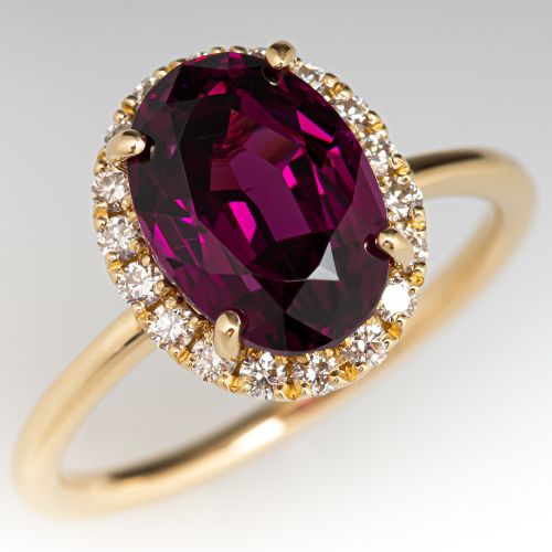 Gorgeous Purple Garnet Ring w/ Diamond Halo 14K Yellow Gold