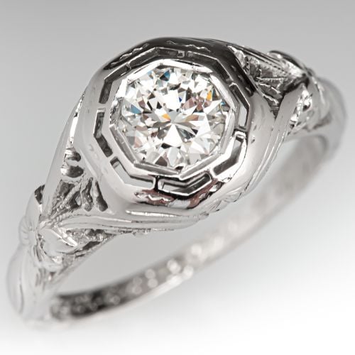 1920's Diamond Engagement Ring w/ Milgrain Details 18K White Gold