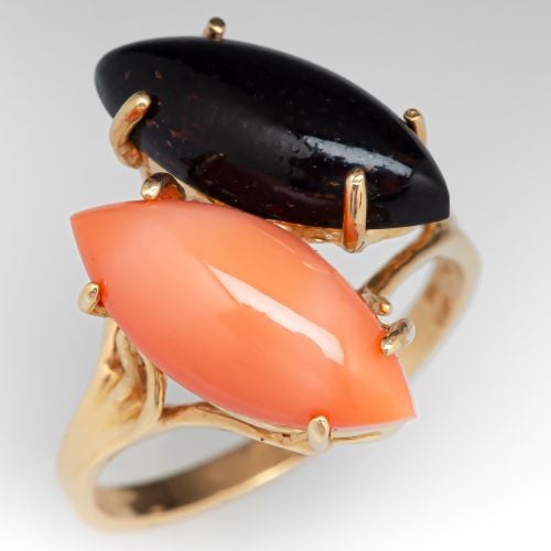 Vintage Peach & Black Coral Ring 14K Yellow Gold