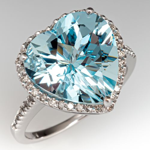 Heart Shaped Aquamarine & Diamond Ring 14K White Gold
