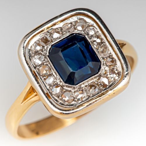 Vintage Blue Sapphire & Diamond Engagement Ring 14K Yellow Gold