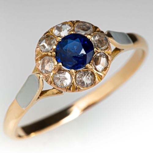 Blue Sapphire Ring w/ Rose Cut Diamond Halo 14K Gold
