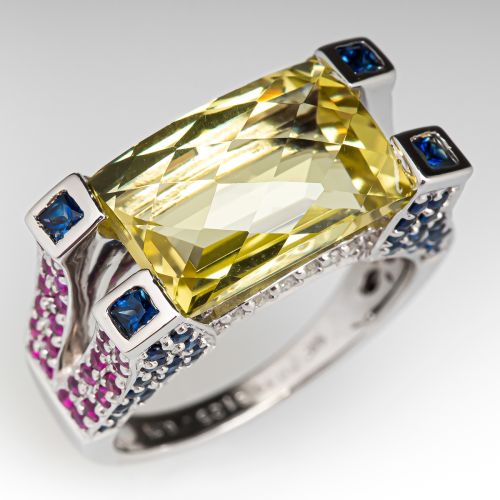 Lemon Quartz Cocktail Ring w/ Diamonds & Sapphires 14K White Gold