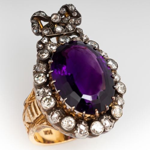 Vintage Amethyst Cocktail Ring w/ Diamonds & Bow Design 14K