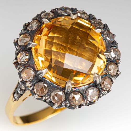 Checkerboard Cut Citrine Ring w/ Diamond Accents 18K Gold & Silver