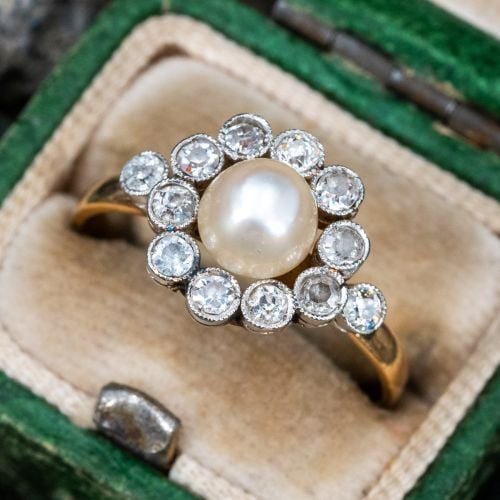 Vintage Pearl & Diamond Ring 18K Yellow Gold