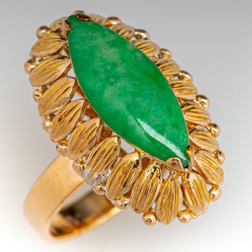 Jade Ring w/ Engraved Petal Design Yellow Gold