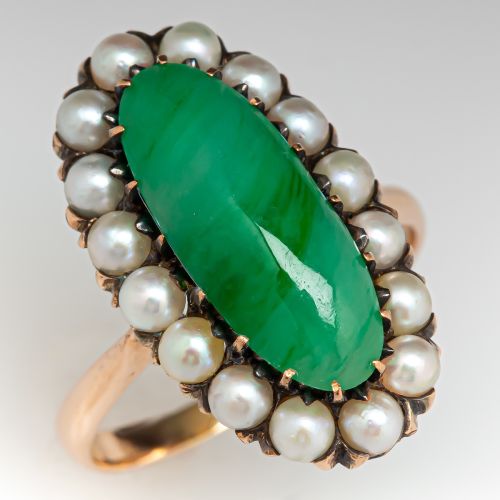 Vintage Jade & Seed Pearl Ring Yellow Gold