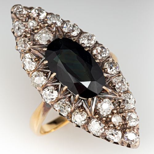 Mid-Victorian Sapphire & Diamond Navette Ring 18K Yellow Gold & Silver