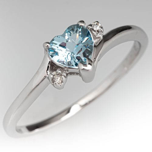 Aquamarine Heart Ring w/ Diamond Accents 14K White Gold