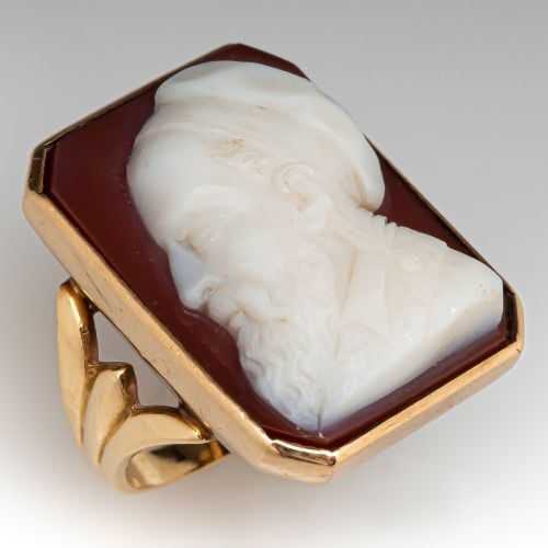 Vintage Carved Agate Cameo Ring 14K Yellow Gold