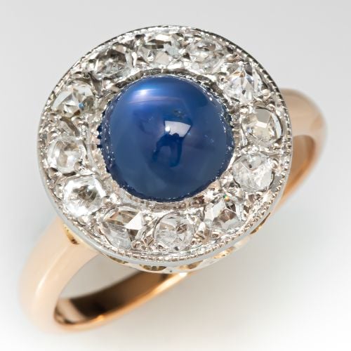 Vintage Star Sapphire & Diamond Halo Ring Two Tone Gold