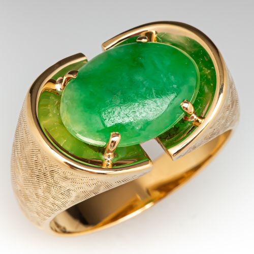Men's Jadeite Jade Ring w/ Florentine Finish 14K Yellow Gold