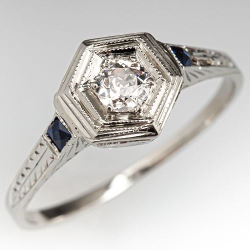 1930s Diamond Engagement Ring w/ Blue Accents 18K White Gold
