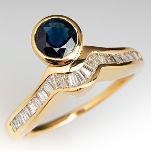 Blue Sapphire & Diamond Ring 18K Yellow Gold