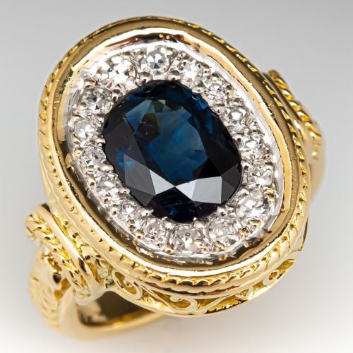 Oval Cut Blue Sapphire w/ Diamond Halo Ring 18K Yellow Gold