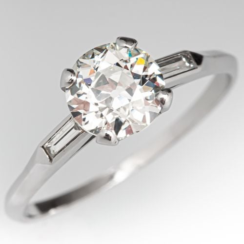 1 Carat Vintage Diamond Engagement Ring w/ Baguettes 1.06ct J/VS2 GIA