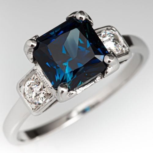 No Heat Blue Sapphire Engagement Ring w/ Diamond Accents Platinum