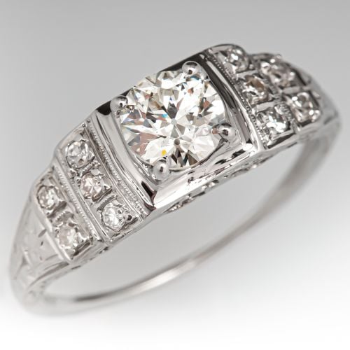 1930's Diamond Engagement Ring w/ Accents 18K White Gold .60ct J/SI1 GIA