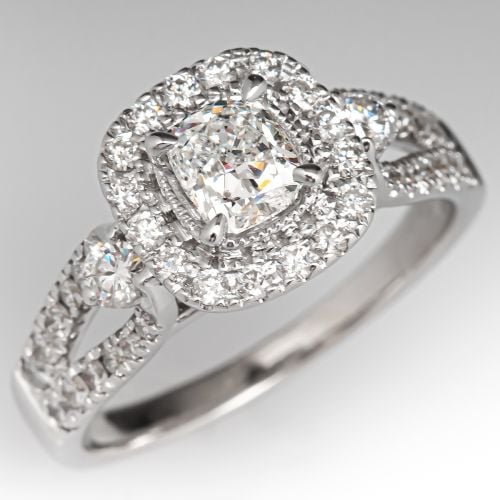 Cushion Cut Diamond Engagement Ring w/ Halo 14K White Gold .70ct E/SI2