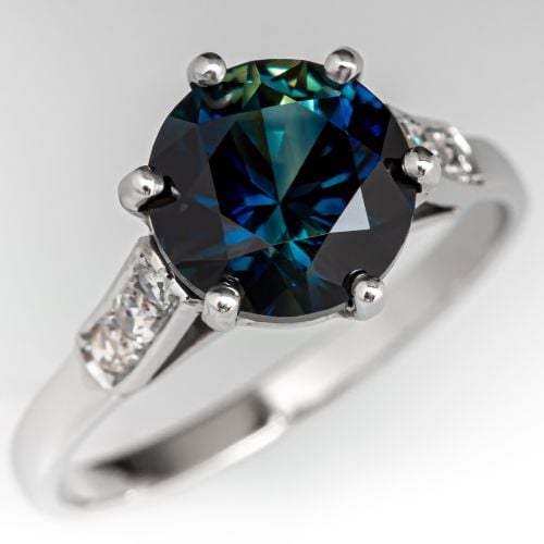 No Heat Blue Green Sapphire Engagement Ring w/ Diamond Accents Platinum