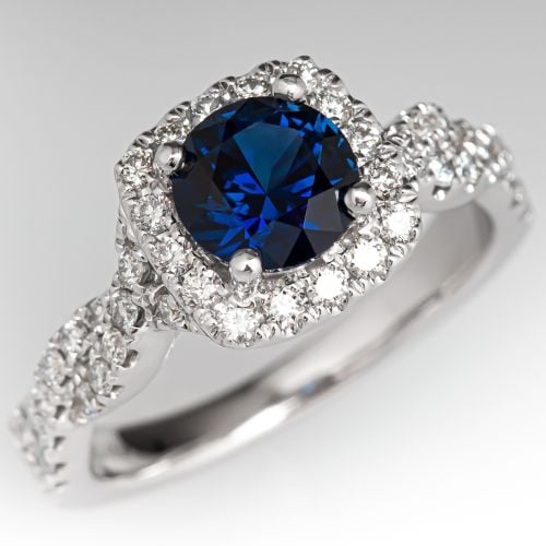 No Heat Blue Sapphire Engagement Ring w/ Diamond Halo 14K White Gold