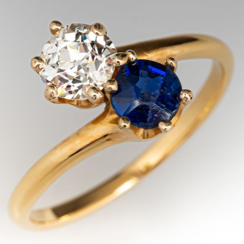 1920's Blue Sapphire & Diamond Bypass Ring 18K Yellow Gold