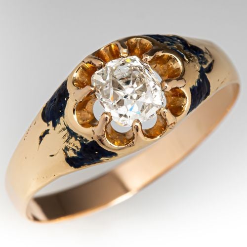 Late Victorian Diamond Ring w/ Worn Enamel 14K Yellow Gold .53ct H/SI1