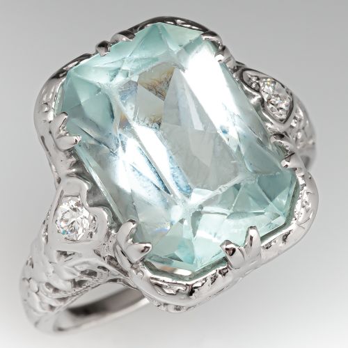 1930's Aquamarine & Diamond Cocktail Ring 18K White Gold