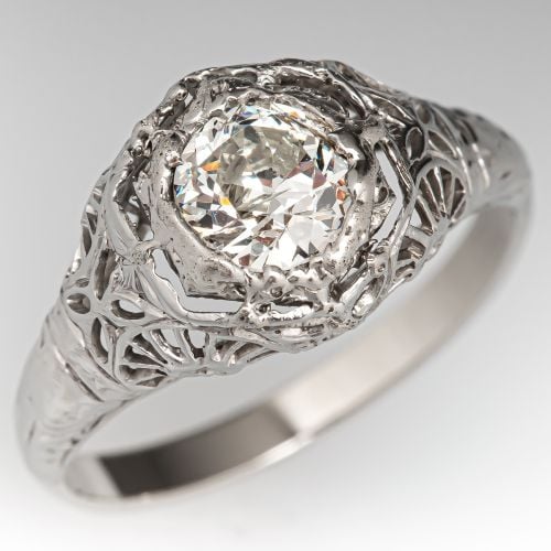 1940's Diamond Filigree Engagement Ring 18K White Gold .58ct L/I1