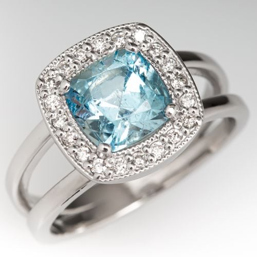 Aquamarine & Diamond Halo Ring Palladium