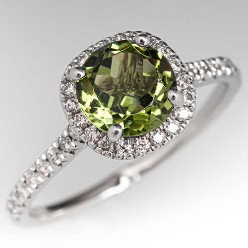 Green Tourmaline & Diamond Halo Ring 14K White Gold