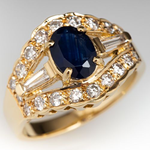 Blue Sapphire & Diamond Engagement Ring 14K Yellow Gold