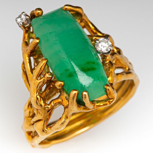 1970's Jade & Diamond Ring 18K Yellow Gold