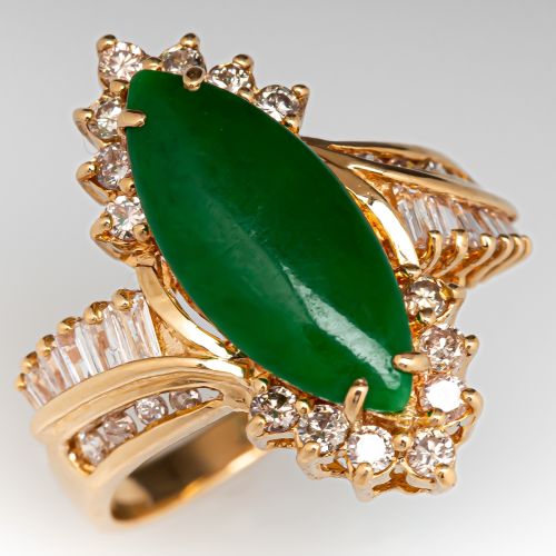 Marquise Cut Jadeite Jade & Diamond Ring 18K Yellow Gold