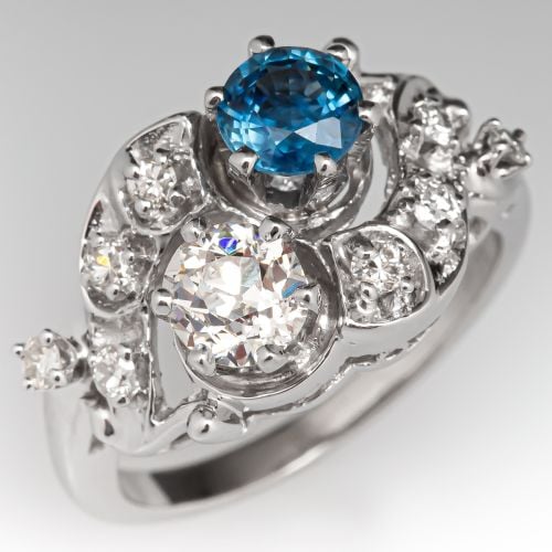 Vintage Twin Diamond & Sapphire Ring w/ Accents 14K White Gold
