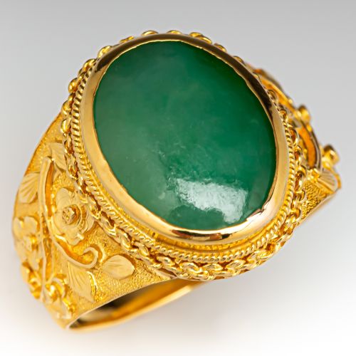 Bezel Set Untreated Jadeite Jade Ring 22K Yellow Gold
