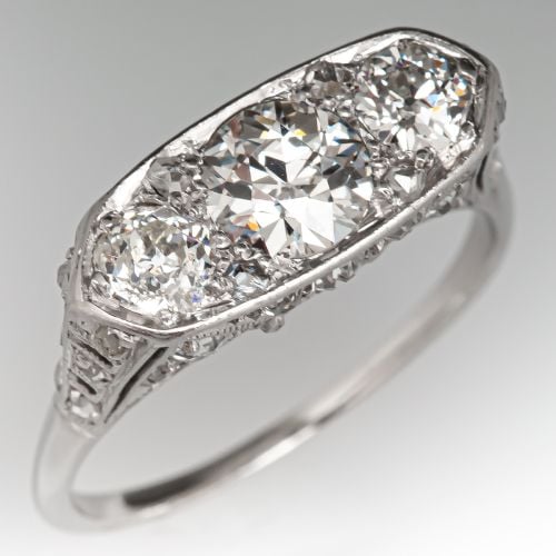 1920's Three Stone Diamond Engagement Ring Platinum .60ct E/SI2