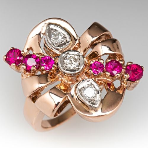1940's Diamond & Ruby Cocktail Ring 14K Rose Gold