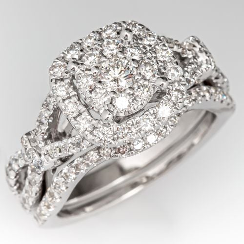 Diamond Cluster Engagement Ring Wedding Set 14K White Gold