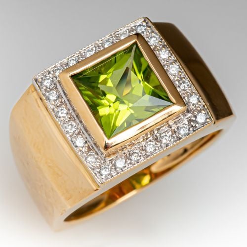 Princess Cut Peridot & Diamond Ring 18K Yellow Gold