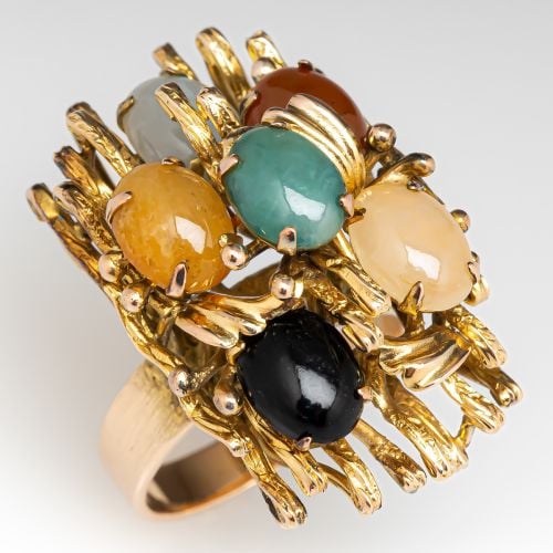 Vintage Multi-Color Jade Cocktail Ring 14K Yellow Gold