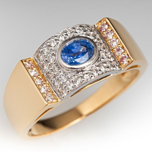 Sapphire & Diamond Ring 18K Two Tone Gold French Hallmarks
